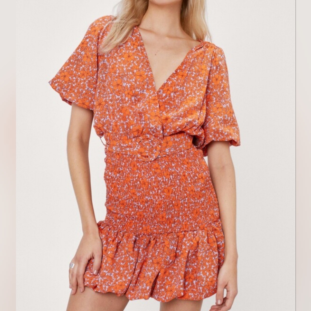 Nasty Gal Puff Sleeve Orange Floral Print Mini Dress, Size M